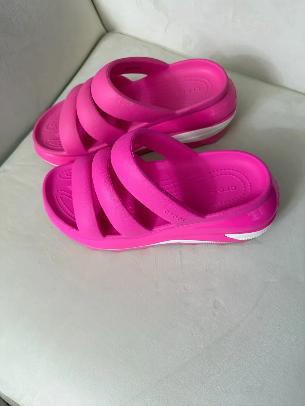 CROCS Unisex Triple-Strap Platform Slides in Bright Pink with White Accent